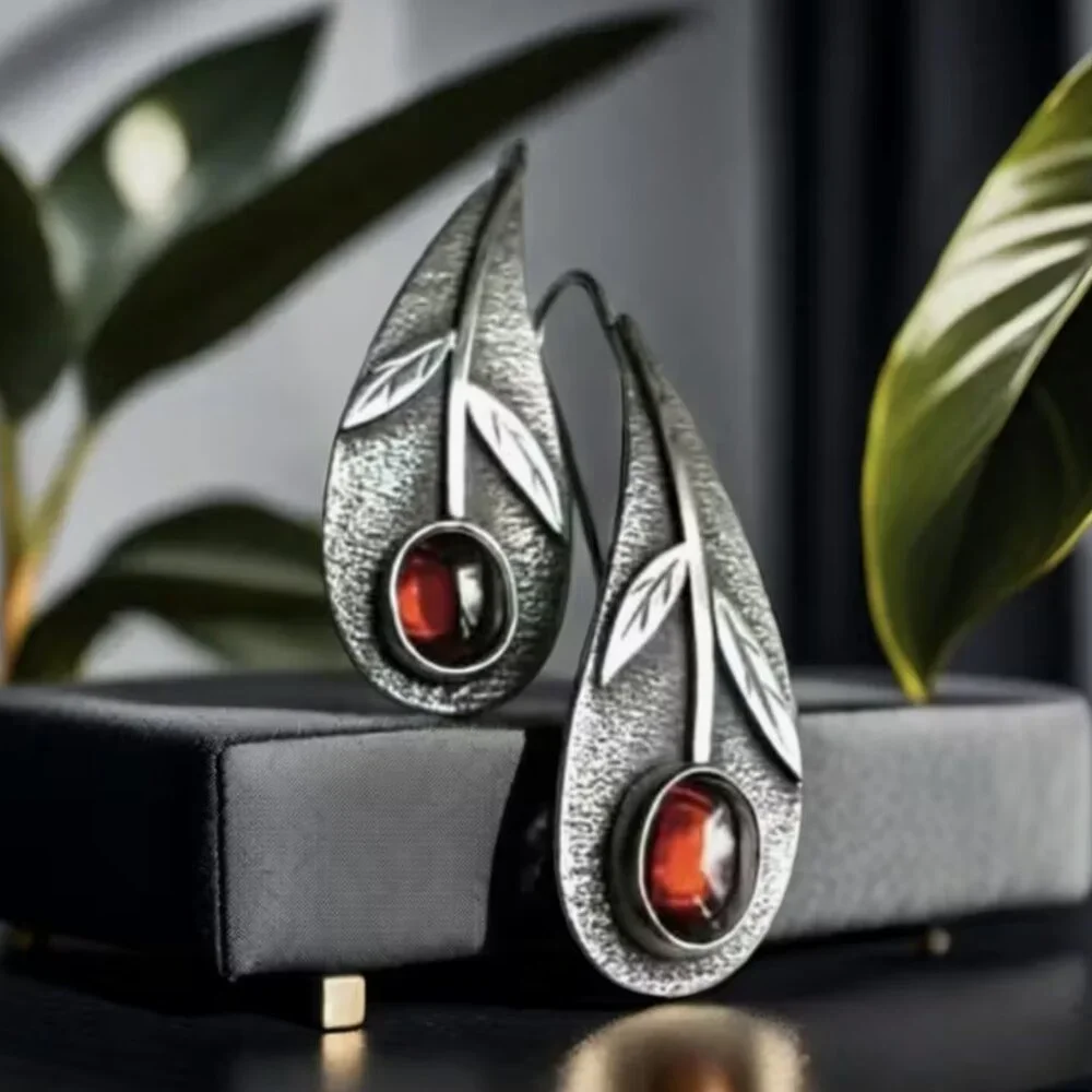 NEW Graceful Silver and Red Cabochon Curved Drop Boho Earrings - Picture 1 of 4